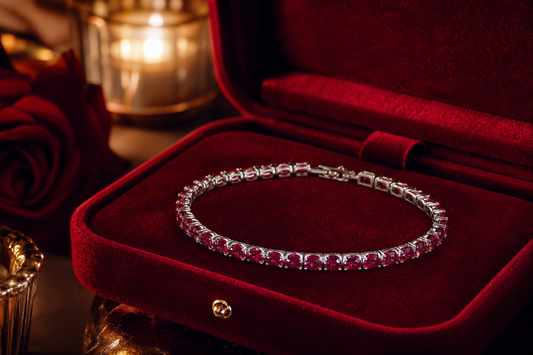 Ruby tennis bracelet in an anniversary gift box
