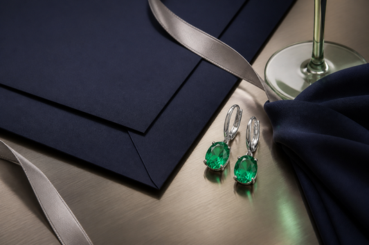 Lab-grown emerald drop earrings with a navy wedding guest dress and invitation