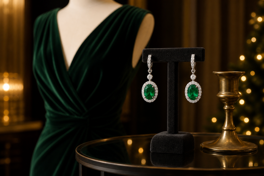 Lab-grown emerald drop earrings styled with a deep green velvet holiday party dress