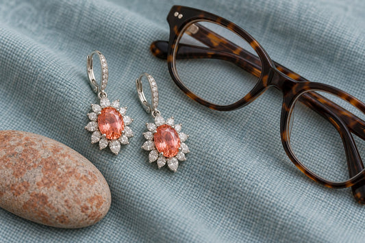 Peach-colored floral drop earrings beside tortoiseshell eyeglasses, editorial illustration