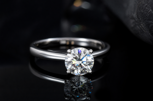 Round moissanite solitaire ring showing fire and brilliance