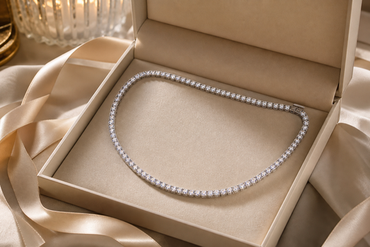 Moissanite tennis jewelry editorial photograph