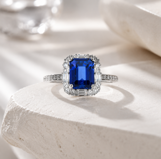 S925 Sterling Silver Square Blue Sapphire Ring