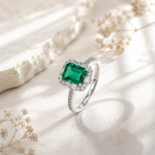 Square Lab Emerald Ring in S925 Sterling Silver