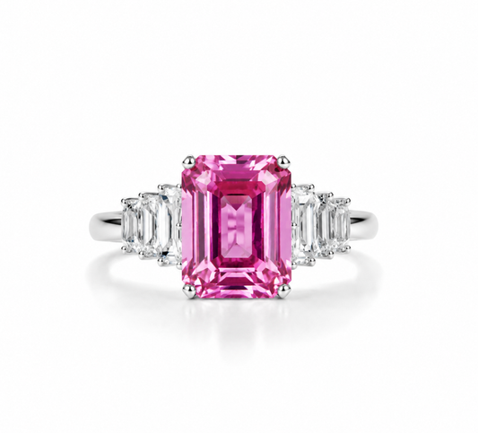 Square Lab Pink Sapphire Ring in S925 Sterling Silver