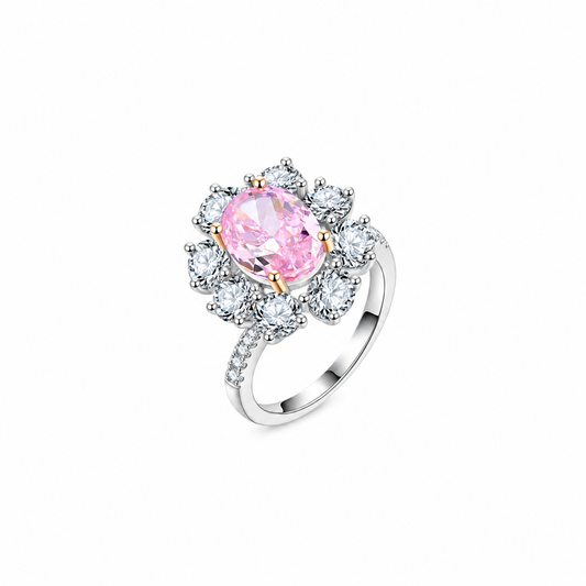 Oval Lab-Grown Gemstone Floral Cluster Ring – K Gold-Plated 925 Sterling Silver