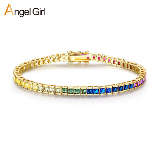 New Trendy 18K Gold Plated Square Rainbow CZ Tennis Bracelet Women's Hip Hop Jewelry Brass Chain & Link Couple