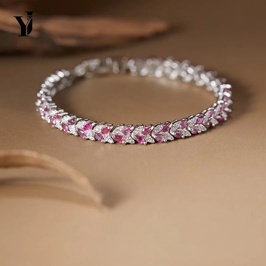 Wholesale YJ Luxury S925 Sterling Silver Natural Ruby Marquise Cut Gemstone & Diamond Leaf Tennis Bracelet for Women