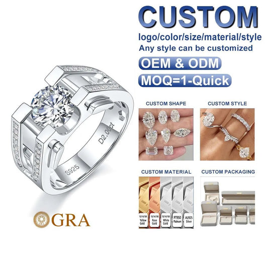 New S925 Sterling Silver Elegant Men's Ring 2-carat Moissanite diamond Jewelry European and American Wholesale