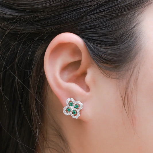 Vintage Hollow Four Leaf Clover Earrings 925 Sterling Silver with Green CZ Micro Pave Halo Luxury Bridal Jewelry