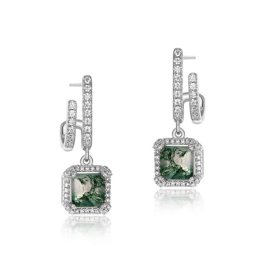 Moss Agate Drop Earrings S925 Silver Rose Gold Women