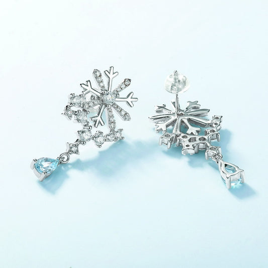 Sky Blue Topaz Snowflake Drop Earrings S925 Silver Women