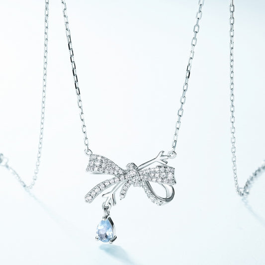 Sky Blue Topaz Bow Pendant Necklace S925 Silver Rose Gold Women