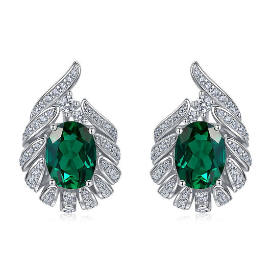 Lab Grown Emerald Stud Earrings S925 Silver Wing Design Women