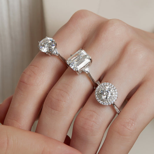 Emerald Cut Moissanite Ring S925 Silver Three Stone Women