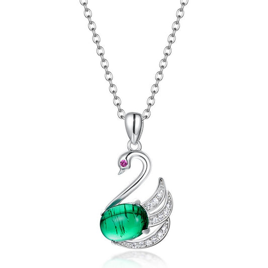 Lab Grown Emerald Swan Pendant Necklace S925 Silver