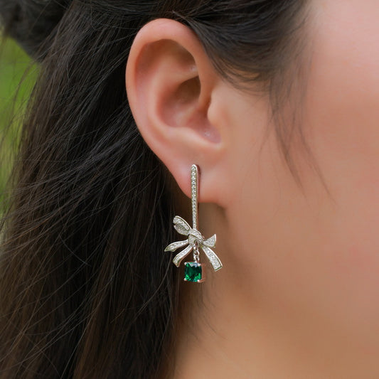 Bow Lab Emerald Drop Earrings in S925 Sterling Silver