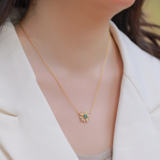 Lab Grown Emerald Daisy Pendant Necklace S925 Gold Plated