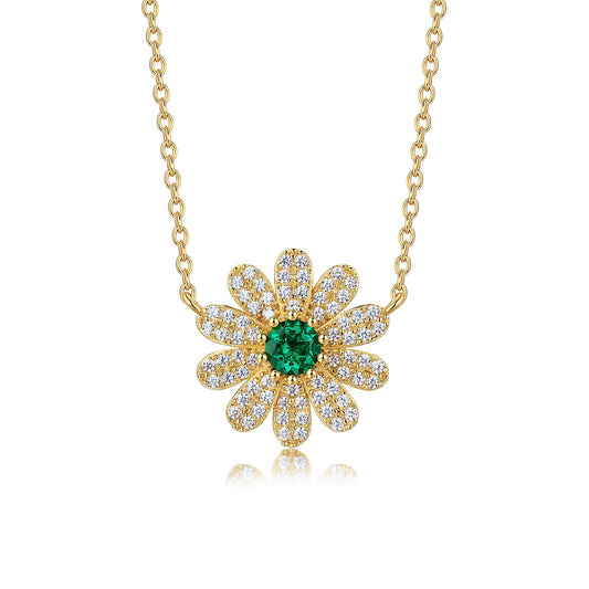 Lab Grown Emerald Daisy Pendant Necklace S925 Gold Plated