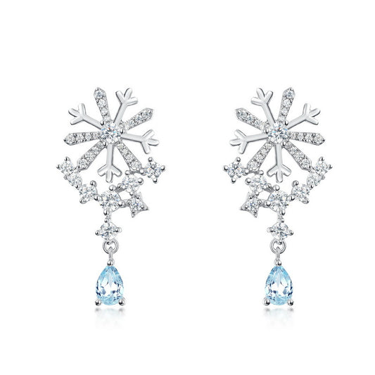 Sky Blue Topaz Snowflake Drop Earrings S925 Silver Women