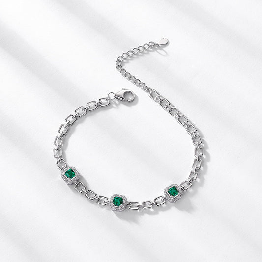 Lab Grown Emerald Station Bracelet S925 Silver Halo Women