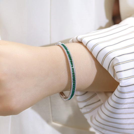 Lab Grown Emerald Bangle Bracelet S925 Silver Rose Gold Women