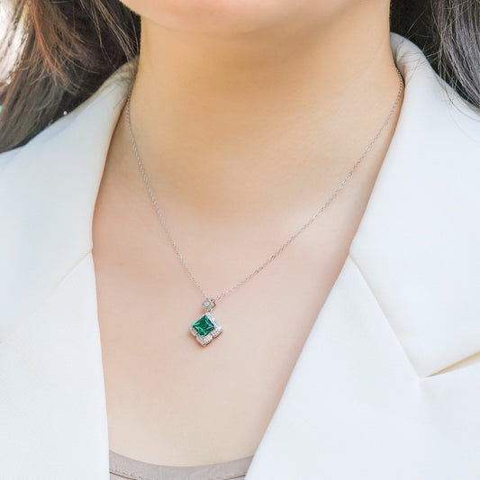 Lab Grown Emerald Geometric Pendant Necklace S925 Silver