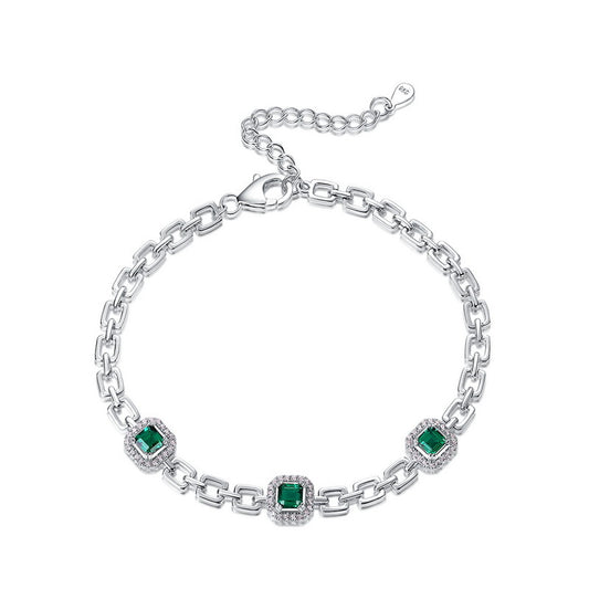 Lab Grown Emerald Station Bracelet S925 Silver Halo Women