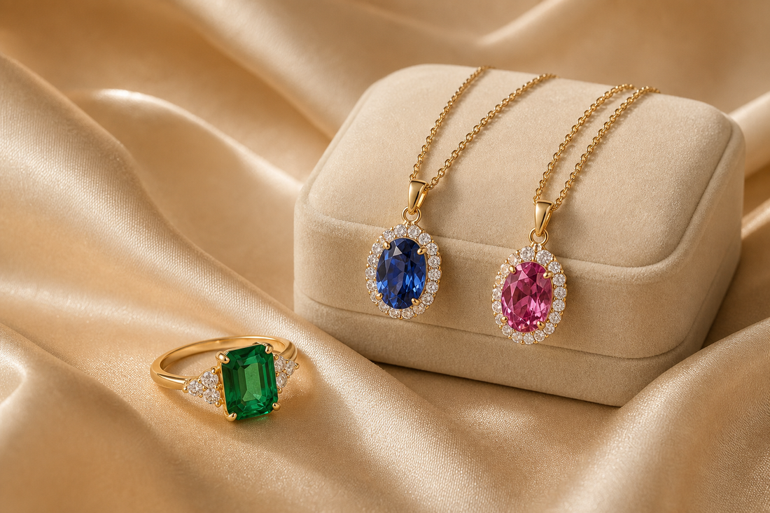 Luxury colored gemstone jewelry gifts presented in elegant boxes