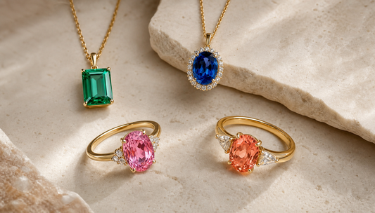 Lab-grown emerald ruby and sapphire jewelry arranged for a colored gemstone buying guide