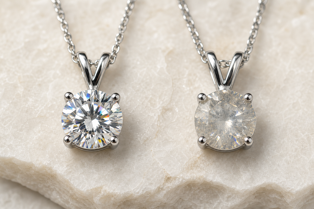 Clean and residue-dulled moissanite pendants compared on pale stone