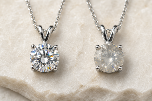 Clean and residue-dulled moissanite pendants compared on pale stone