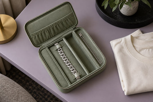 Cuban bracelet and chain separated inside a green travel jewelry organizer.