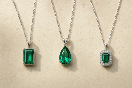 Emerald-cut, pear-cut, and halo lab-grown emerald pendant necklaces on warm ivory stone