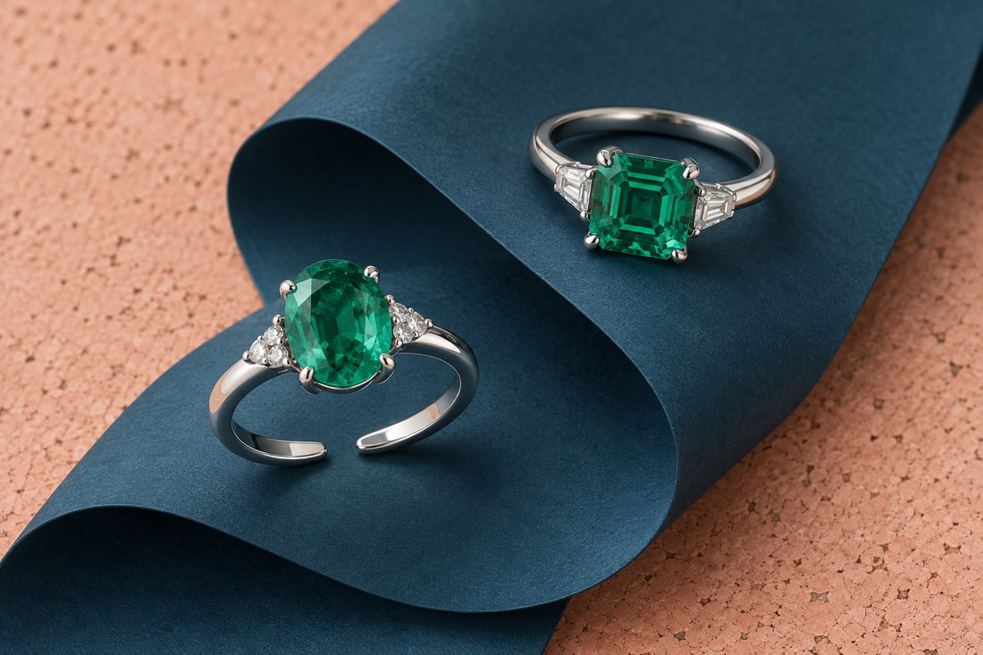 Open oval green gemstone ring beside a closed Asscher-cut ring on folded blue paper, editorial illustration