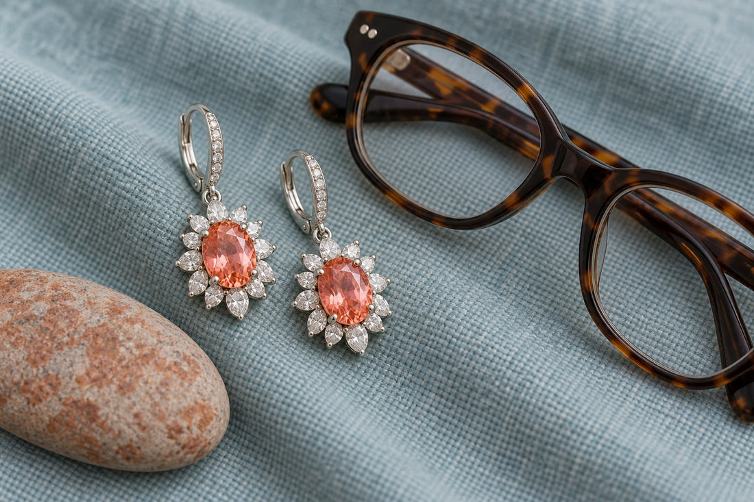 Peach-colored floral drop earrings beside tortoiseshell eyeglasses, editorial illustration