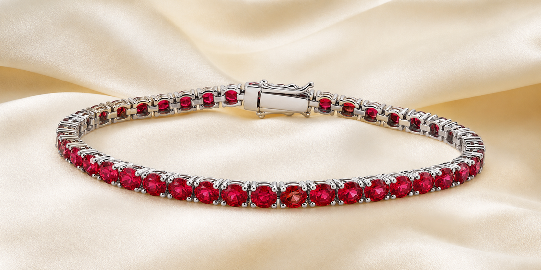 Luxury lab-grown ruby tennis bracelet on ivory silk