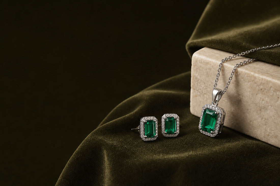 925 sterling silver lab-created emerald pendant and earrings on olive velvet