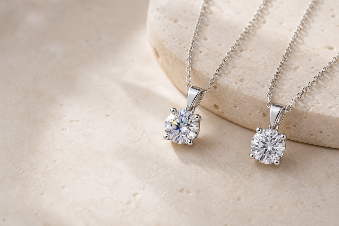 Two 925 sterling silver solitaire pendants illustrating moissanite and lab-created diamond
