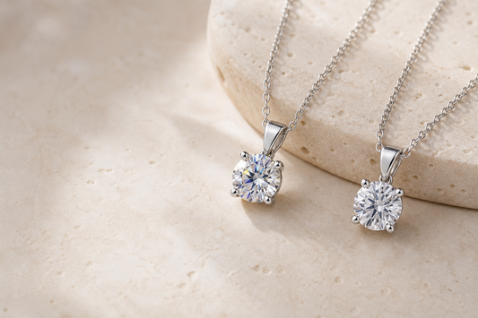 Two 925 sterling silver solitaire pendants illustrating moissanite and lab-created diamond