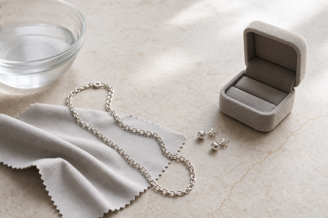 Sterling silver jewelry with a soft cloth and jewelry box