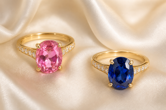 Pink and blue sapphire jewelry comparison in an elegant editorial setting