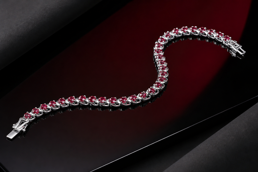 Lab-created ruby bracelet in sterling silver on black lacquer with deep red reflection