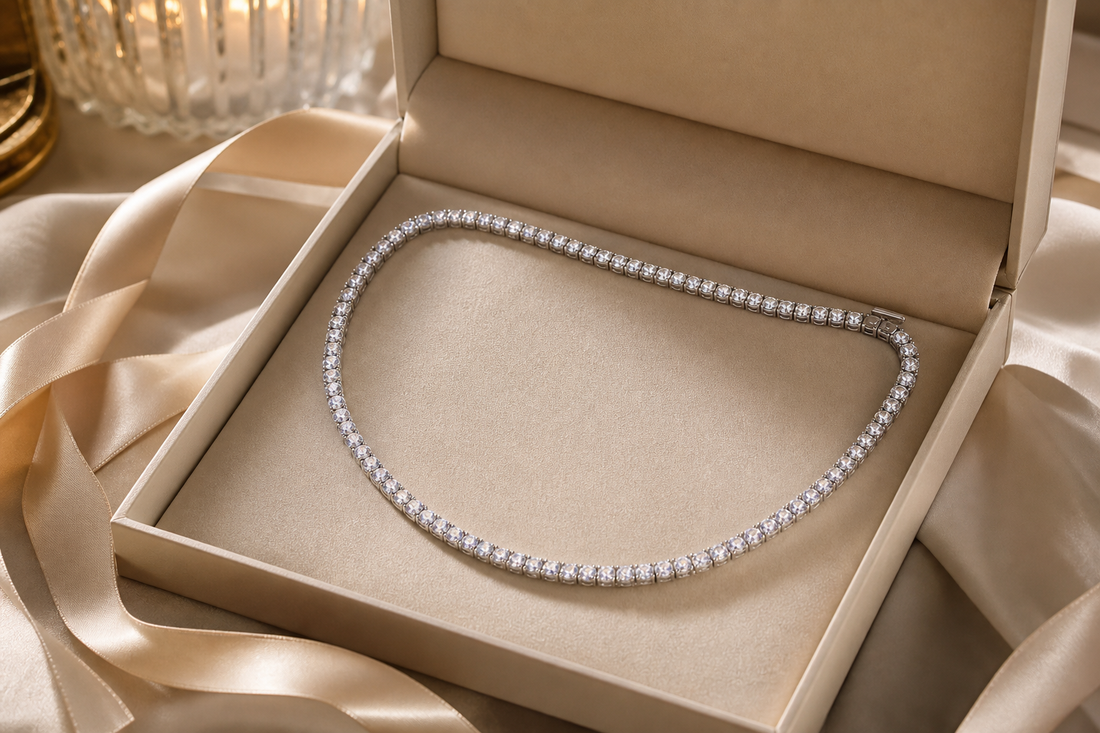 Moissanite tennis jewelry editorial photograph