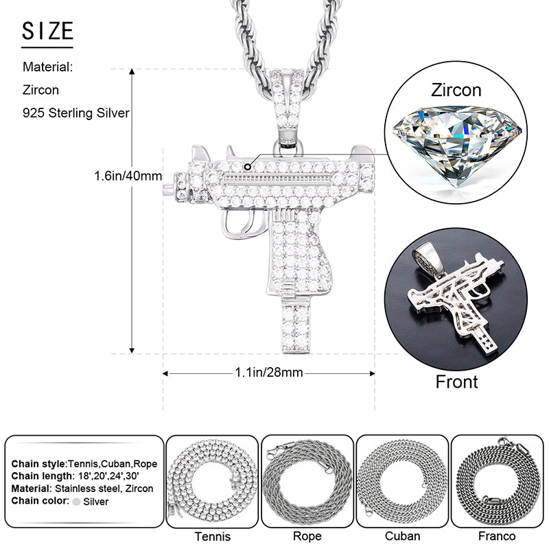 Iced-Out Gun Cubic Zirconia Pendant in 925 Sterling Silver specifications