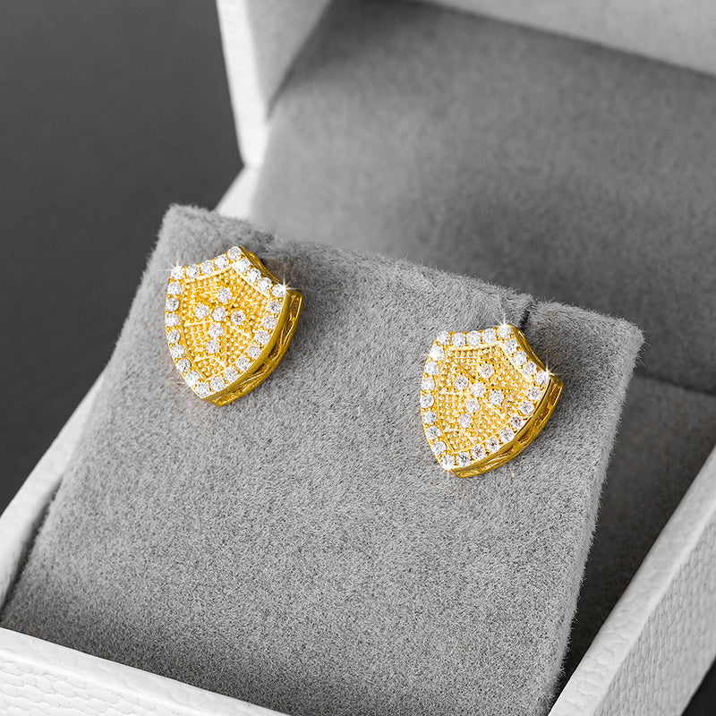 Iced shield moissanite stud earrings in gold tone
