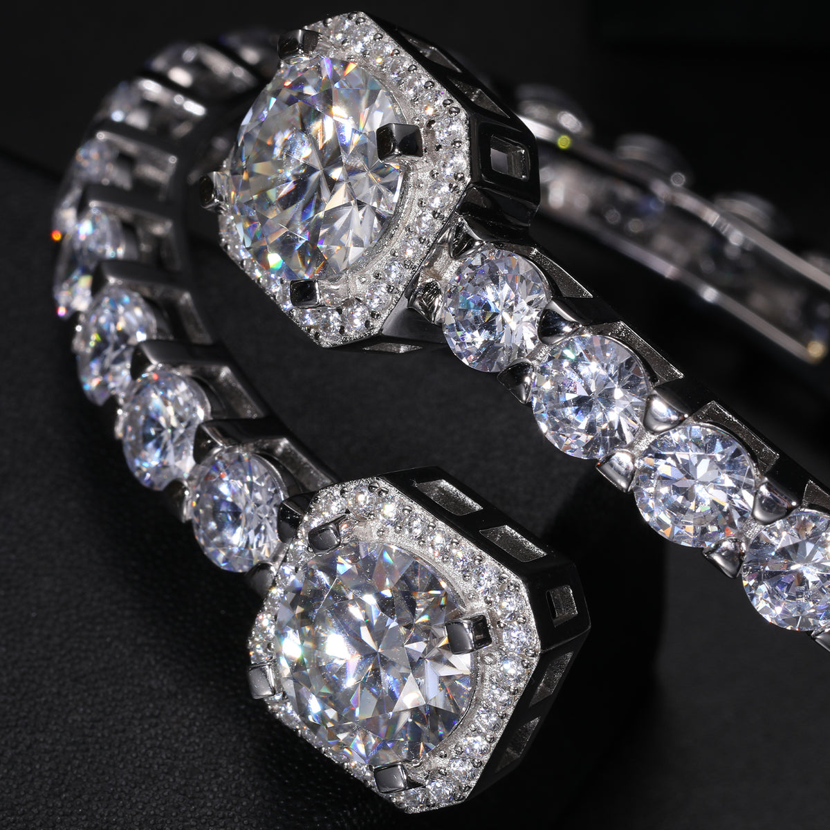 Open cuff moissanite tennis bracelet close-up