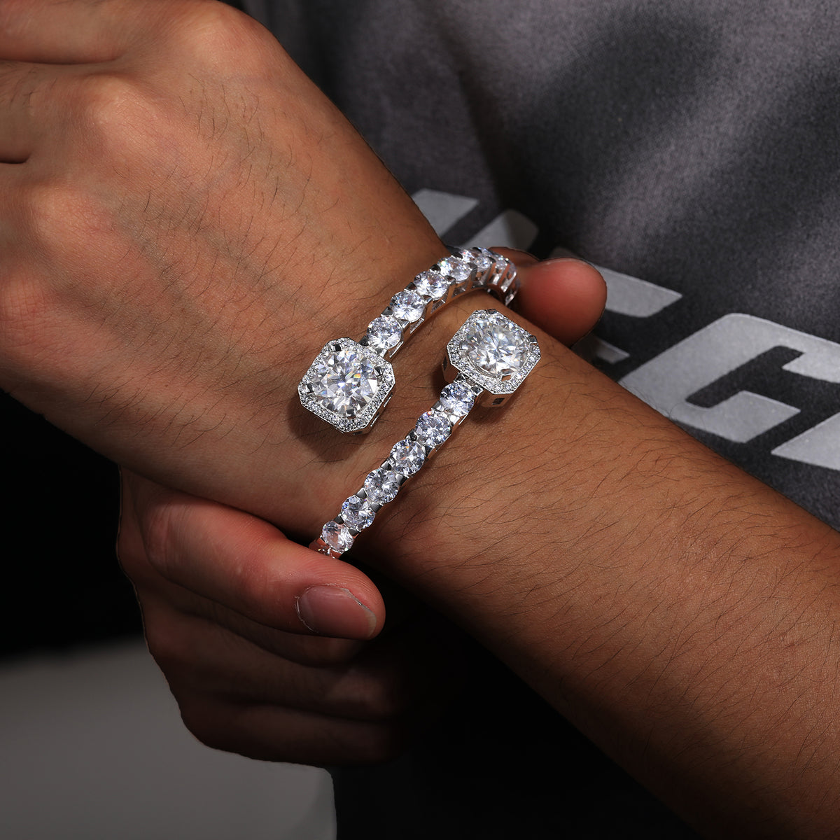 Open cuff moissanite tennis bracelet worn