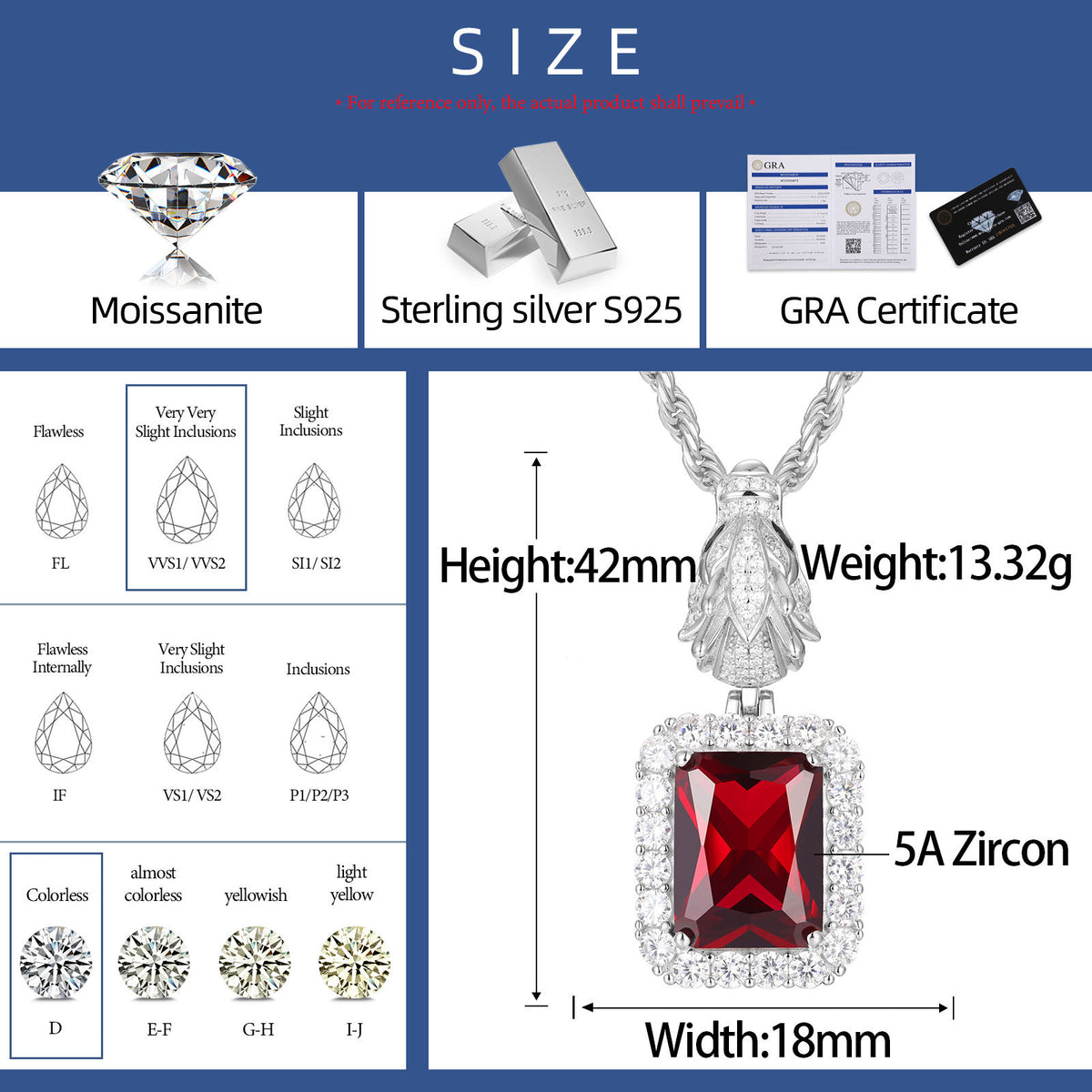 Dragon Head Red Gemstone Moissanite Pendant in 925 Sterling Silver specifications