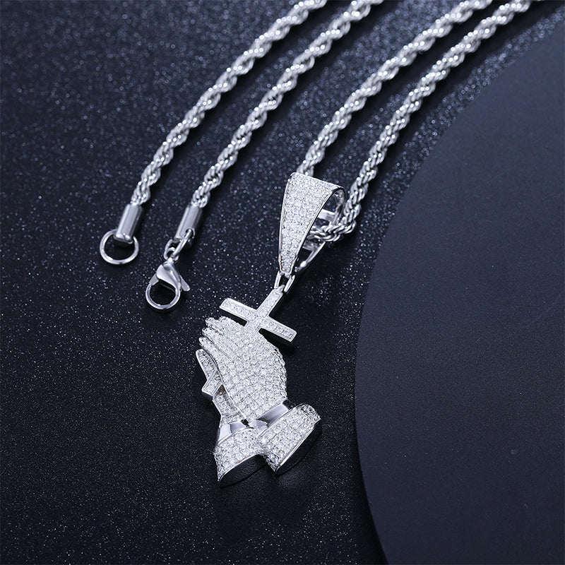 Praying Hands Cross Moissanite Pendant in 925 Sterling Silver product view